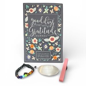 Gratitude Journal, Selenite Palm Stone, Chakra Bracelet and Pen Set